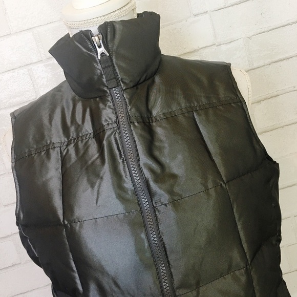 Lands End Shiny Dark Metal Gray Down Fill Puffer Fleece Zip Up Vest SP - Picture 4 of 8